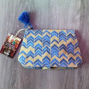Neiman Marcus Blue and Tan Chevron Jute Cosmetic Bag